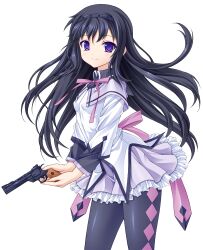  absurdres akemi_homura akemi_homura_(magical_girl) black_hair capelet colorized commentary_request female gun hairband handgun highres long_hair long_sleeves mahou_shoujo_madoka_magica mahou_shoujo_madoka_magica_(anime) nightmare77zx pantyhose purple_eyes revolver smile solo transparent_background wata_(akawata) weapon 