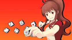  brown_hair commentary_request dice enoki_p female hidaka_mai highres idolmaster idolmaster_dearly_stars long_hair orange_background ponytail red_eyes solo 