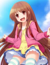  :d backpack bag blush brown_eyes brown_hair commentary_request female from_below highres long_hair open_mouth original plaid plaid_skirt skirt smile solo sorano_(12gou) striped_clothes striped_thighhighs thighhighs 