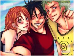  2boys black_hair earrings female green_hair jewelry monkey_d_luffy multiple_boys nami nami_(one_piece) one_piece orange_hair red_shirt roronoa_zoro shirt smile yellow_shirt 