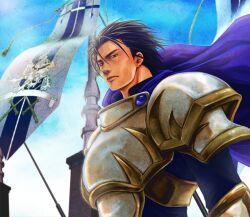  1boy armor black_eyes black_hair cape cloud commentary_request crest expressionless gensou_suikoden gensou_suikoden_ii luca_blight male_focus nari_(hightland) shoulder_pads sky solo 