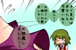  2girls aoshima closed_eyes commentary_request green_hair himekaidou_hatate kazami_yuuka multiple_girls photoshop_(medium) skirt smile tagme touhou translated 