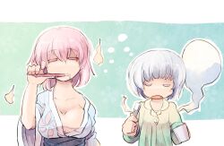  2girls breasts brushing_teeth citolo cleavage closed_eyes collarbone commentary_request cup hitodama konpaku_youmu konpaku_youmu_(ghost) large_breasts long_sleeves mug multiple_girls oerba_yun_fang off_shoulder open_mouth pink_hair saigyouji_yuyuko short_hair sleepy toothbrush touhou upper_body white_hair wide_sleeves 