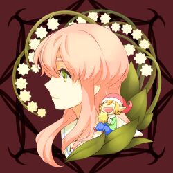  24a :d bad_id bad_pixiv_id blonde_hair candy commentary_request fairy_(jintai) female flower food green_eyes jinrui_wa_suitai_shimashita long_hair open_mouth pink_hair portrait profile short_hair smile watashi_(jintai) 