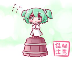  :3 blush commentary_request female green_eyes green_hair hair_bobbles hair_ornament kisume long_sleeves maitora photoshop_(medium) short_hair smile solo standing touhou translated twintails wide_sleeves 