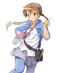  bad_id bad_pixiv_id belt belt_pouch brown_eyes brown_hair commentary_request female hand_on_own_hip hand_up jacket long_hair looking_at_viewer nana_maru_san_batsu necktie onsoku_inu paint.net_(medium) parted_lips pliers pouch red_necktie sasajima_jinko school_uniform screwdriver smile striped striped_necktie tool_belt tools track_jacket track_suit 