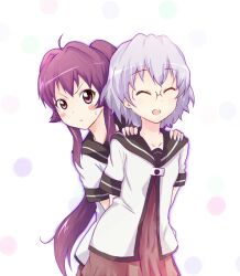  2girls ^_^ bad_id bad_pixiv_id blush closed_eyes frown glasses ikeda_chitose long_hair multiple_girls nanamori_school_uniform ponytail purple_eyes purple_hair sanka school_uniform serafuku short_hair sugiura_ayano sweatdrop very_long_hair yuru_yuri 