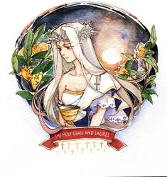  commentary_request cross cup dress english_text fate/zero fate_(series) female irisviel_von_einzbern long_hair painting_(medium) photoshop_(medium) rakuko red_eyes solo thorns tiara traditional_media watercolor_(medium) white_hair 