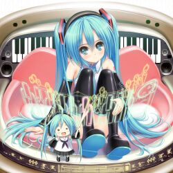  2girls :d bare_shoulders black_legwear blue_eyes blush boots commentary_request detached_sleeves dual_persona hachune_miku hair_ornament hatsune_miku highres holding instrument keyboard_(instrument) long_hair looking_at_viewer multiple_girls necktie norita o_o open_mouth photoshop_(medium) sitting skirt smile spring_onion thigh_boots thighhighs twintails very_long_hair vocaloid 