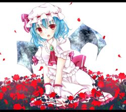  ascot bad_id bad_pixiv_id bat_wings blue_hair female flower hat hat_ribbon letterboxed oerba_yun_fang open_mouth red_eyes remilia_scarlet ribbon saijou_haruki short_hair short_sleeves solo touhou wings 