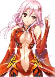  bad_id bad_pixiv_id bare_shoulders blush breasts center_opening cleavage elbow_gloves female gloves guilty_crown hair_ornament hairclip innerboob looking_at_viewer medium_breasts mogami_noa navel pink_hair red_eyes solo twintails white_background yuzuriha_inori 