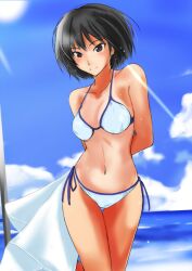  amagami beach bikini black_hair brown_eyes commentary_request day female md5_mismatch murasaki_iro nanasaki_ai outdoors short_hair swimsuit tan tanlines 