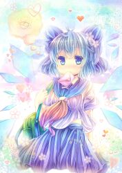  alternate_costume bad_id bad_pixiv_id bag blue_eyes blue_hair blush bow cirno coa_(chroo_x) female hairbow heart highres ice ice_wings letter love_letter mouth_hold photoshop_(medium) school_uniform serafuku short_hair solo squiggle thought_bubble touhou wings 