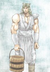  1boy beard bucket commentary_request cosplay facial_hair green_hair hair_bobbles hair_ornament hokuto_no_ken kamexmusi kisume kisume_(cosplay) long_hair male_focus muscular pectorals sleeveless solo toki_(hokuto_no_ken) touhou twintails wooden_bucket 