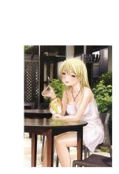  absurdres blonde_hair blue_eyes btooom! chair cup dress feet_out_of_frame female food highres himiko_(btooom!) holding holding_spoon inoue_jun&#039;ya jewelry long_hair looking_at_viewer necklace official_art open_mouth outdoors parfait plant sitting smile solo spoon strapless strapless_dress sundress table white_dress 