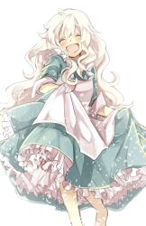  :d ^_^ apron bad_id bad_pixiv_id barefoot blue_dress blush closed_eyes double-parted_bangs dress facing_viewer feet_out_of_frame female frilled_apron frilled_dress frills hair_between_eyes hair_over_shoulder happy kagerou_project kozakura_marry long_hair mekakucity_actors mitsu_yomogi open_mouth short_sleeves simple_background skirt_hold sleeve_cuffs smile solo souzou_forest_(vocaloid) two-tone_dress very_long_hair wavy_hair white_apron white_background white_dress white_hair 