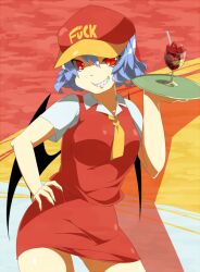  alternate_costume bad_id bad_pixiv_id bat_wings blue_hair clothes_writing contemporary eiri_(eirri) english_text evil_grin evil_smile female food fruit glass grin hat ice_cream profanity remilia_scarlet shaded_face short_hair short_sleeves smile solo spoon strawberry sundae touhou tray wings 