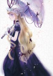  blonde_hair bow dress female gloves hairbow hat hat_ribbon highres long_hair noromi petals purple_eyes ribbon simple_background solo takatora touhou umbrella white_gloves yakumo_yukari 