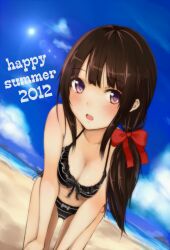  2012 96tuki bad_id bad_pixiv_id bare_shoulders beach bikini black_bikini blush bow breasts brown_hair cleavage collarbone dutch_angle female front-tie_top hair_over_shoulder hairbow halterneck hands_on_own_knees leaning_forward long_hair looking_at_viewer medium_breasts navel open_mouth original outdoors purple_eyes side-tie_bikini_bottom solo swimsuit 