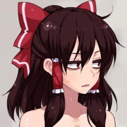  bags_under_eyes bow brown_hair collarbone cropped female hair_tubes hairbow hakurei_reimu jitome long_hair lowres nude puyo_(puyotopia) red_bow solo touhou upper_body 