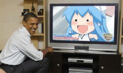  :d animated animated barack_obama blue_hair blush bracelet chibi ikamusume jewelry lowres male mini-ikamusume open_mouth parody photoshop politician running screencap shinryaku!_ikamusume smile television tentacle tentacle_hair 