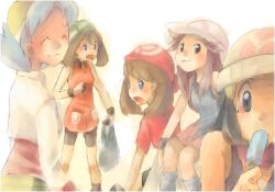  5girls alternate_costume bad_id bad_pixiv_id bandana beanie bike_shorts blue_eyes blue_hair blush brown_hair closed_eyes dawn_(pokemon) dual_persona food gloves gun hat holding kris_(pokemon) leaf_(pokemon) machine_gun may_(pokemon) multiple_girls open_mouth pkm pokemon pokemon_dppt pokemon_frlg pokemon_gsc pokemon_rse popsicle porkpie_hat ryoto_328 sitting smile sweatdrop twintails weapon 