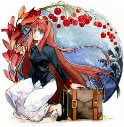  aozaki_aoko blue_eyes briefcase commentary_request female flower hair_intakes long_hair painting_(medium) rakuko red_hair skirt smile solo traditional_media tsukihime watercolor_(medium) 