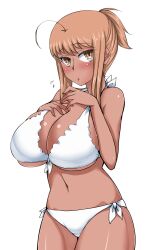  ahoge bikini breasts brown_eyes brown_hair cleavage commentary_request female highres huge_breasts komusou_(jinrikisha) long_hair looking_at_viewer navel ooba_minori original photoshop_(medium) side-tie_bikini_bottom simple_background solo swimsuit tan underboob white_bikini 