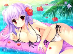  2012 artist_name bikini blush breasts cameltoe cleavage commentary_request cover cover_page female floral_print flower front-tie_top hair_flower hair_ornament hibiscus large_breasts long_hair looking_at_viewer lying mihane_reika mitha nanagane_educational_institution on_side petals photoshop_(medium) print_bikini purple_hair raft red_eyes side-tie_bikini_bottom smile solo swimsuit water 