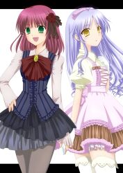  2girls alternate_costume angel_beats! bad_id bad_pixiv_id blue_hair dress gorogoro green_eyes long_hair multiple_girls nakamura_yuri pantyhose purple_hair short_hair tachibana_kanade thighhighs yellow_eyes 