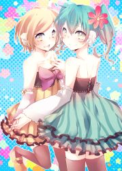  2girls aqua_hair bad_id bad_pixiv_id blonde_hair cheerful_candy_(module) colorful_drop_(module) colorful_x_melody_(vocaloid) detached_sleeves hatsune_miku highres holding_hands interlocked_fingers kagamine_rin kawa_(masru) multiple_girls nail_polish project_diva_(series) project_diva_2nd short_hair smile thighhighs vocaloid 