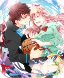  1boy bad_id bad_pixiv_id ball basketball basketball_(object) brown_eyes brown_hair closed_eyes female hanazawa kagami_taiga kuroko_no_basuke long_hair momoi_satsuki photoshop_(medium) pink_hair ribbon school_uniform short_hair sleeves_pushed_up smile 