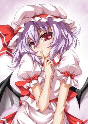  bat_wings bow commentary_request female finger_to_mouth hat hat_ribbon head_tilt highres looking_at_viewer partial_commentary pink_hair puffy_sleeves red_eyes remilia_scarlet ribbon roura short_hair short_sleeves solo touhou wings 