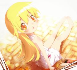  :d ayakashi_(monkeypanch) bakemonogatari bare_shoulders blonde_hair commentary_request dress female from_above highres long_hair looking_up monogatari_(series) open_mouth oshino_shinobu sitting smile solo sunlight yellow_eyes 