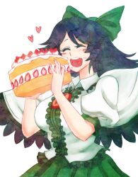  :d ^_^ bird_wings black_hair black_wings bow breasts cake cape closed_eyes commentary_request female food green_bow green_skirt hairbow happy heart heart_in_mouth large_breasts long_hair open_mouth puffy_sleeves reiuji_utsuho short_sleeves skirt smile solo terrajin third_eye touhou wings 