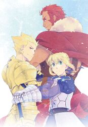  2boys armor armored_dress artoria_pendragon_(fate) bad_id bad_pixiv_id beard blonde_hair cape dress earrings excalibur_(fate/stay_night) facial_hair fate/zero fate_(series) female gauntlets gilgamesh_(fate) green_eyes hair_ribbon hands_on_hilt iskandar_(fate) jewelry mikazuki_(feimao) multiple_boys red_eyes red_hair ribbon saber_(fate) sword weapon 