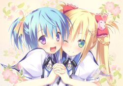  2girls :d ;) aqua_hair blonde_hair blush commentary_request green_eyes hair_ornament hitoguchi_(hioxhio) holding_hands interlocked_fingers long_hair looking_at_viewer multiple_girls one_eye_closed oni_gokko! open_mouth purple_eyes side_ponytail smile sumiyoshi_kureha twintails urabe_aoi 