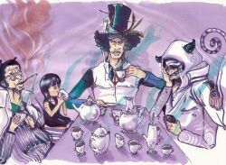  3boys alice_(cosplay) alice_(wonderland) alice_(wonderland)_(cosplay) alice_in_wonderland black_hair borsalino_(kizaru) cup drinking formal hat hood hoodie kuzan_(aokiji) lolicon mad_hatter_(cosplay) male multiple_boys nico_robin one_piece sakazuki_(akainu) sleep_mask smoking suit table tea tea_cup teacup top_hat 