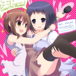  2girls :d bangle bilingual black_legwear blue_hair blush bracelet brown_eyes brown_hair carrying commentary_request english_text fukuyo_kouko hyuuga_takashi jewelry kokaji_sukoya long_hair microphone mixed-language_text multiple_girls open_mouth princess_carry purple_eyes saki_(manga) short_hair smile thighhighs upskirt v-shaped_eyebrows yuri 