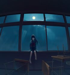  black_hair chaoz_lounge cloud commentary_request female fisheye full_moon long_hair moon night night_sky original school_uniform sitting sky solo window 