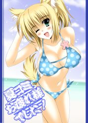  animal_ears bikini blonde_hair blue_eyes blush breasts cleavage commentary_request dog_days female fox_ears fox_tail highres large_breasts oda_ken&#039;ichi one_eye_closed open_mouth polka_dot polka_dot_bikini side-tie_bikini_bottom solo swimsuit tail water yukikaze_panettone 