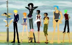  2girls 6+boys 6boys afro barefoot black_hair blonde_hair blue_hair brook bus_stop cloud crossed_arms cyborg franky full_body green_hair hand_on_hip hands_in_pockets hat hips monkey_d_luffy multiple_boys multiple_girls nami nami_(one_piece) nico_robin one_piece orange_hair outdoors reflection reindeer roronoa_zoro sandals sanji scar scenery skeleton skirt speedo standing swim_briefs tattoo tony_tony_chopper usopp water wind 