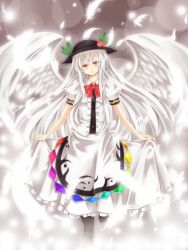  alternate_hair_color angel_wings awai_shiro bad_id bad_pixiv_id blush bow feathered_wings feathers female food fruit g-tenko-r hat highres hinanawi_tenshi leaf long_hair m.u.g.e.n peach puffy_sleeves red_eyes short_sleeves smile solo touhou very_long_hair white_hair white_wings wings 