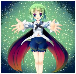  antennae aqua_eyes aqua_hair bad_id bad_pixiv_id blush cape dx_(dekusu) female gradient_hair green_hair highres long_sleeves multicolored_eyes multicolored_hair navel open_mouth pink_eyes short_hair solo touhou wriggle_nightbug 