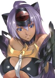  ahoge akinaie android bare_shoulders black_gloves blue_eyes breasts choker cleavage cleavage_cutout clothing_cutout collarbone commentary_request dark-skinned_female dark_skin elbow_gloves female gloves headgear huge_breasts large_breasts lips long_hair looking_at_viewer parted_lips purple_hair reaching reaching_towards_viewer shiny_skin simple_background smile solo t-elos underboob upper_body white_background xenosaga xenosaga_episode_iii 