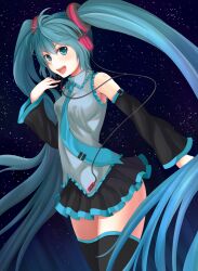  :d aqua_eyes aqua_hair bad_id bad_pixiv_id detached_sleeves female hatsune_miku headphones long_hair looking_at_viewer necktie open_mouth photoshop_(medium) skirt smile solo star_(sky) thighhighs twintails very_long_hair vocaloid willgoon zettai_ryouiki 