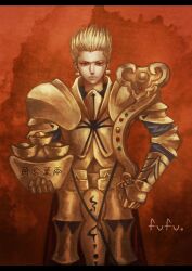  1boy armor blonde_hair commentary_request fate/zero fate_(series) fufu_(dewkaede) gilgamesh_(fate) gold gold_armor letterboxed male_focus photoshop_(medium) red_eyes short_hair solo yuanbao 