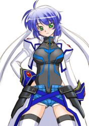  blue_shorts blush breasts commentary_request female gauntlets green_eyes headband large_breasts lyrical_nanoha mahou_shoujo_lyrical_nanoha_strikers purple_hair sakura_ryuuken short_hair shorts solo subaru_nakajima thighhighs 