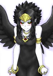  angry armband aura bare_shoulders black_dress black_hair black_wings blush bracelet breasts clenched_hands dress duel_monster emblem fabled_grimro feathers female female fingernails green_eyes hands highres jewelry long_fingernails long_hair long_image looking_at_viewer lots_of_jewelry monster_girl multicolored_eyes nail_polish necklace pataryouto pointy_ears red_nails red_sclera ring simple_background solo standing tall_image tiara updo white_background white_skin wings yu-gi-oh! yuu-gi-ou_duel_monsters 