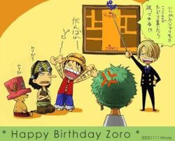  !! !!! 4boys angry bandana birthday black_hair black_pants blonde_hair character_name directions earrings goggles goggles_on_head green_hair hat jewelry lost_(state) lowres male male_focus map monkey_d_luffy multiple_boys necktie one_piece overalls pants pink_hat red_vest reindeer roronoa_zoro sanji sash shorts smile speech_bubble straw_hat text tony_tony_chopper usopp vest wave waving x_(symbol) 